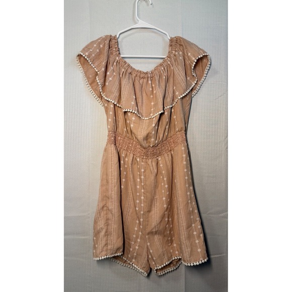 Pants - Womens Off The Shoulder Romper Tan White Embroidered Ruffle Smocked size L